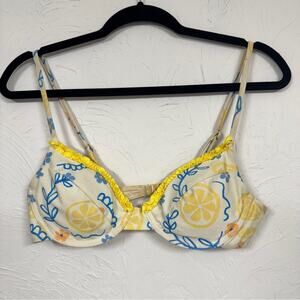 Aurelle Yellow White Lemon Ruffled Bikini Top Women’s S Swimsuit Beach Summer
